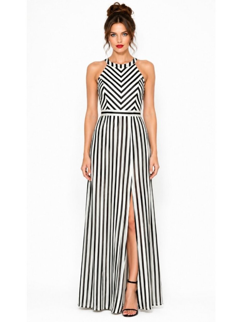 Ann Taylor Stripe Maxi Dress Size 8 Black Ivory Sleeveless Chevron Stripe Long